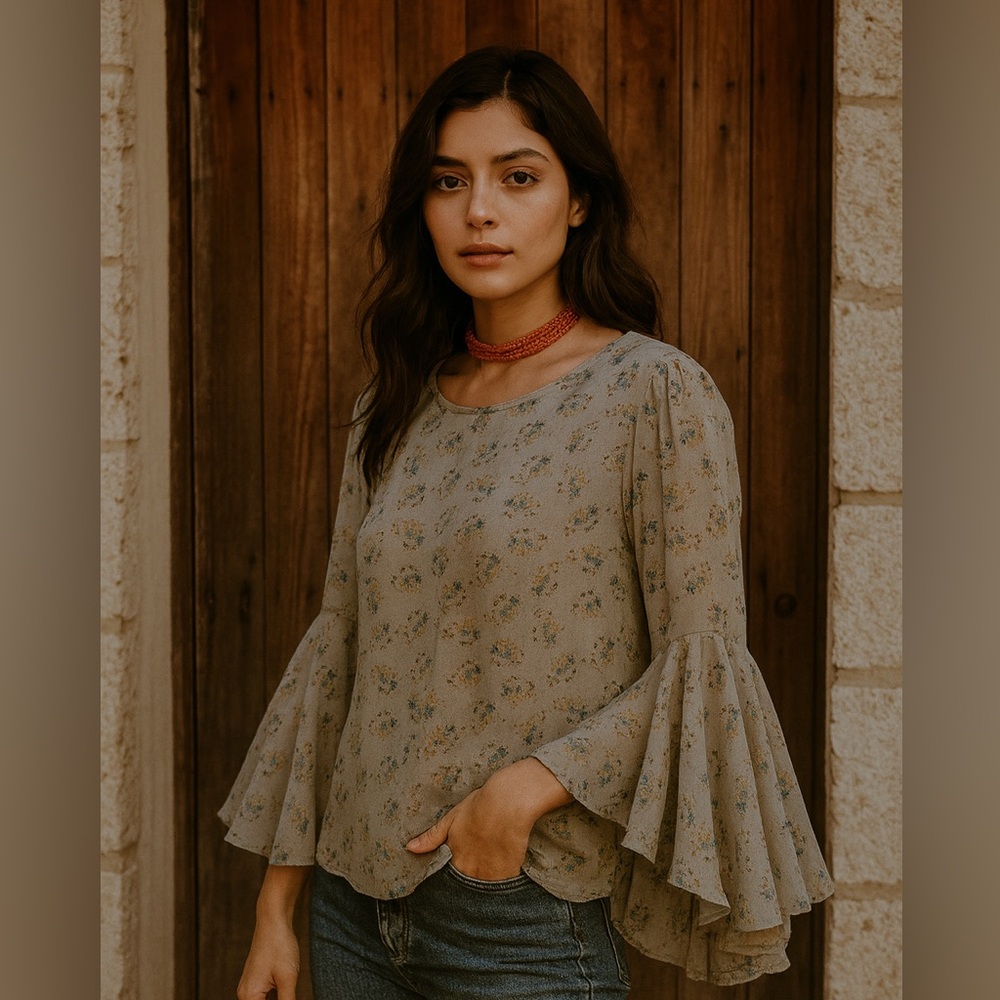 Lily White Sage Floral Bell-Sleeve Blouse